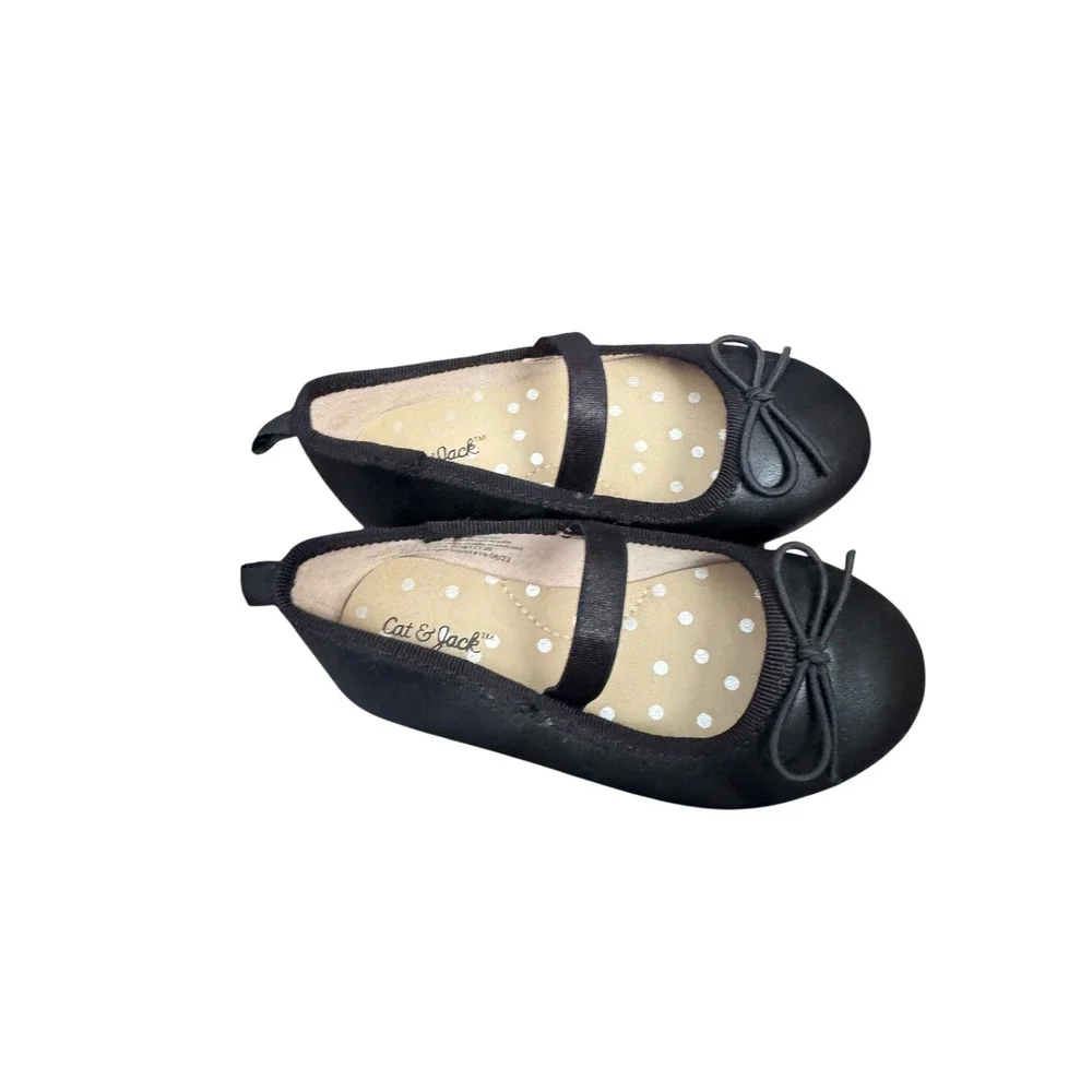 Cat & Jack Girls Black Ballet Flats with Bow and Elastic‎ Strap Size Toddler 6